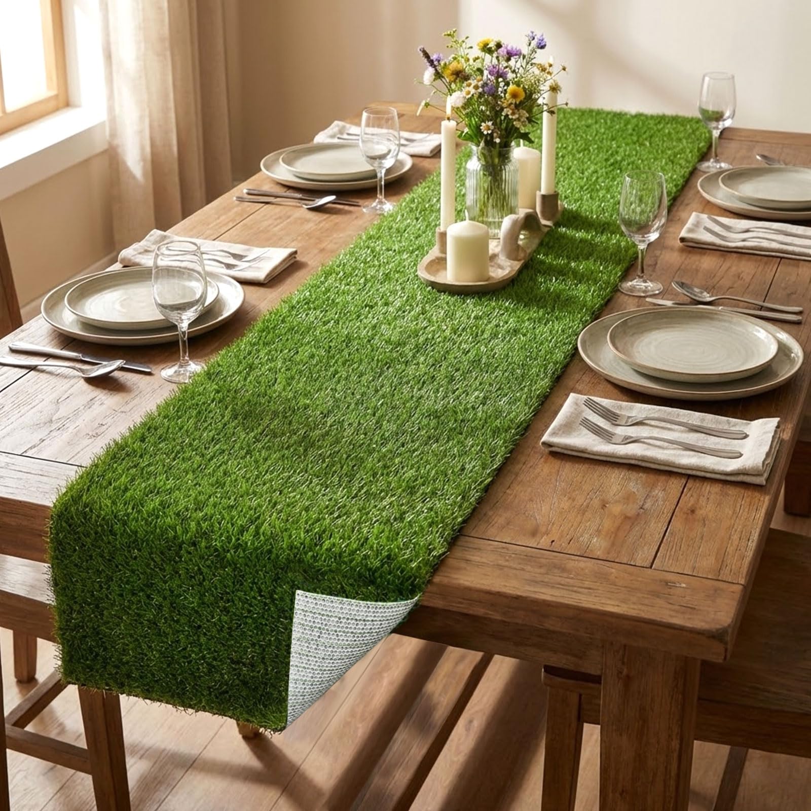 Photo 1 of 12.6 x 72 Inch Grass Table Runner, Artificial Turf Runner with Upgraded TPR Non-Slip Grid Backing, Natural Green Synthetic Grass Decor for Football Golf Party, Easter, Wedding & Garden