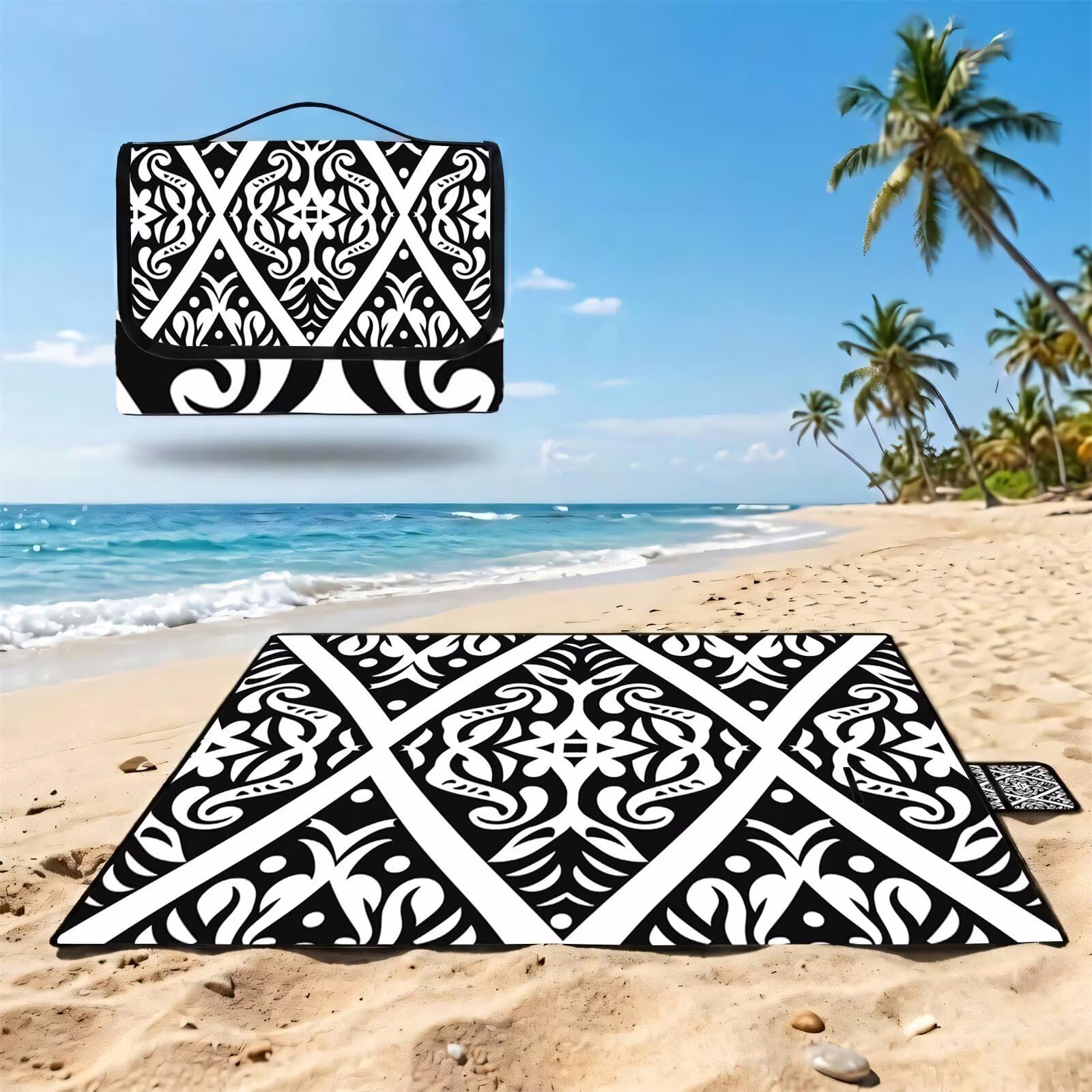 Couverture Pique Nique Grande 200x300cm,Outdoor Couverture Imperméable,Pliable Tapis de Plage Dos en PVC,Picnic Blanket pour Camping Accessoires,Jardin,Parc,Famille - Noir,Blanc,géométrie (2) UZ-866