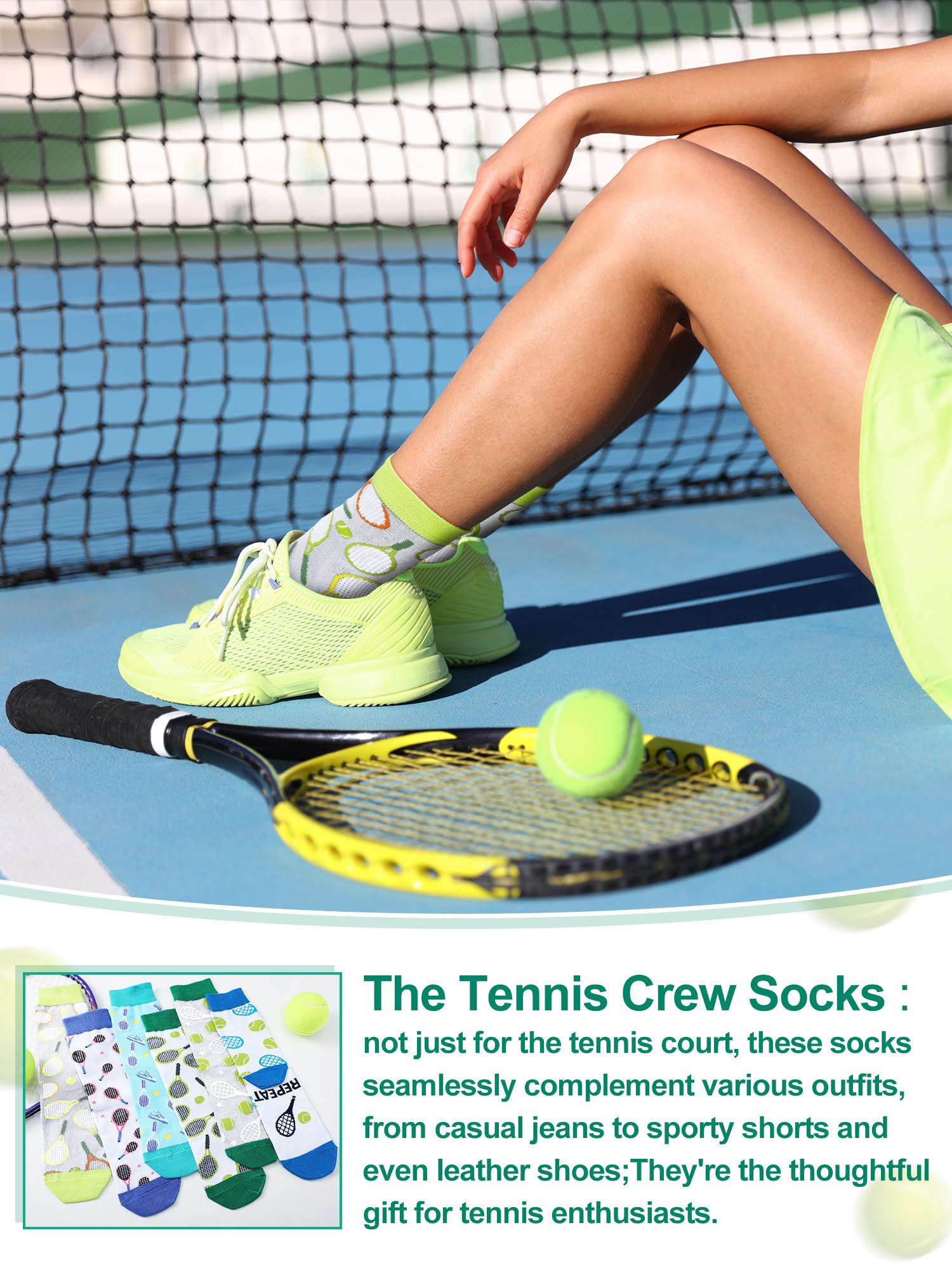 6 pares de calcetines de tenis divertidos para mujer, calcetines casuales novedosos, accesorios para amantes del tenis, regalos de cumpleaños y vacaciones