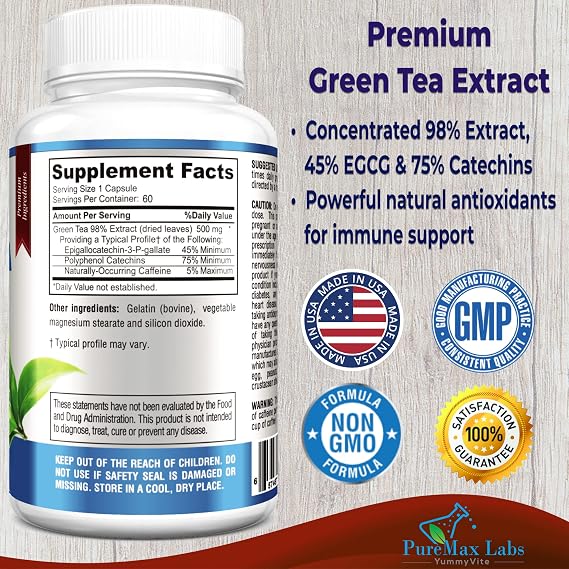YUMMYVITE Green Tea Extract 98% - 3X Strength, 75% Polyphenol Catechins, 45% EGCG, Super Antioxidant - 60 Capsules