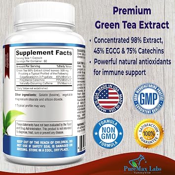 YUMMYVITE Green Tea Extract 98% - 3X Strength, 75% Polyphenol Catechins, 45% EGCG, Super Antioxidant - 60 Capsules
