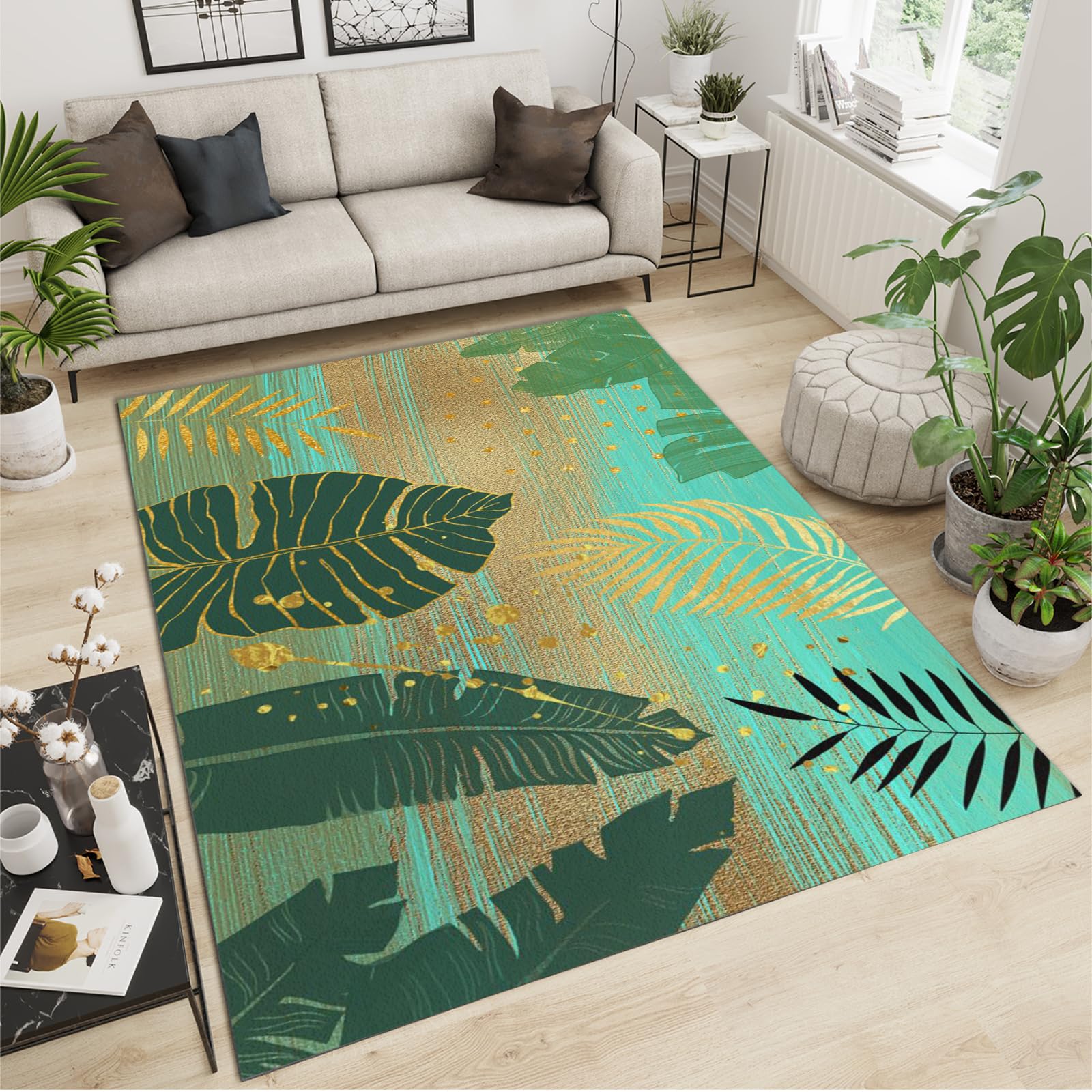 Grand tapis en peluche lavable motif végétal bleu et or pour salon et chambre chic