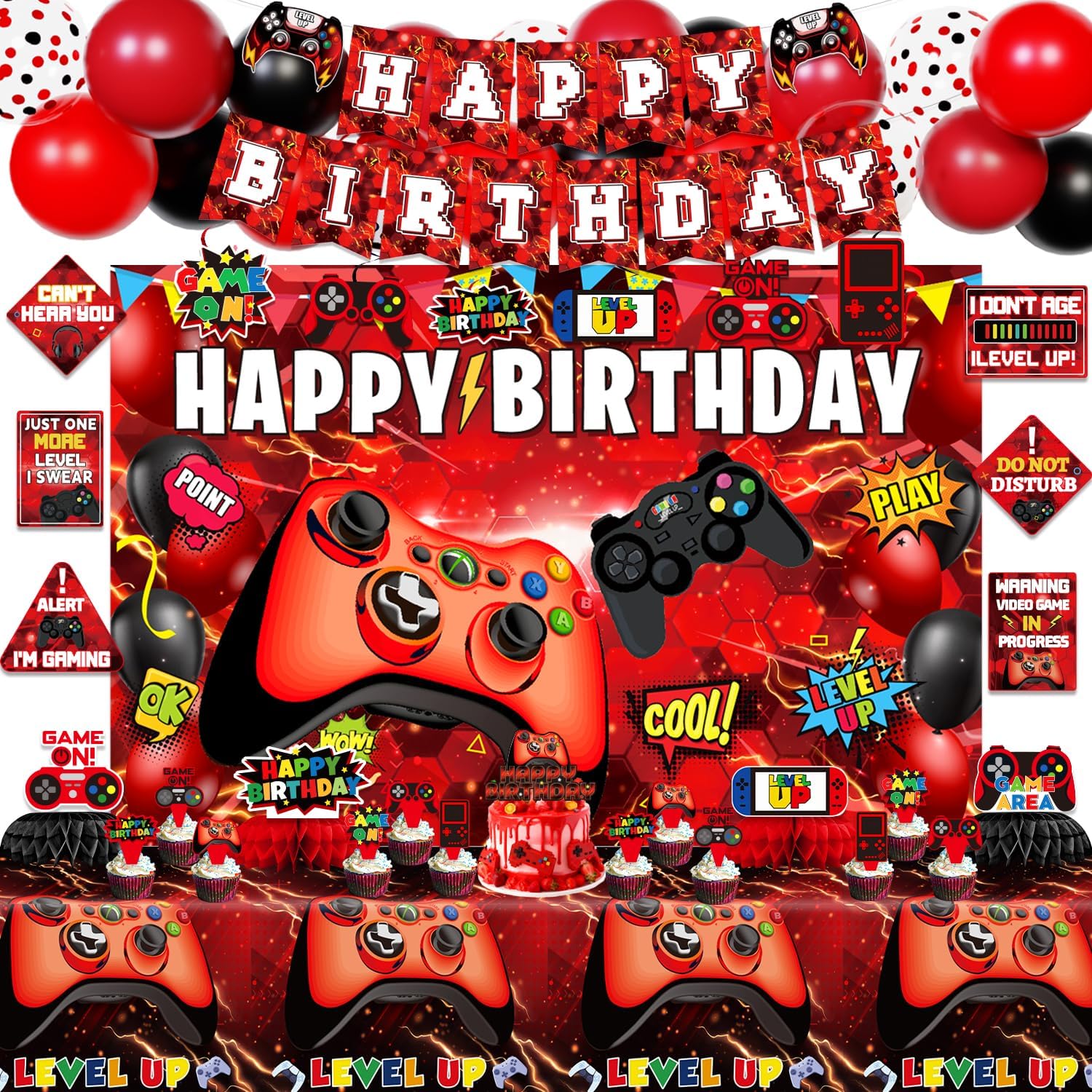 Video Game Birthday Decorations, Red Gamer Gaming Theme Birthday Party Decorations Supplies for Boys - Backdrop, Banner, Cake, Cupcake Toppers, Tablecloth, Hanging Swirls, Wall Signs