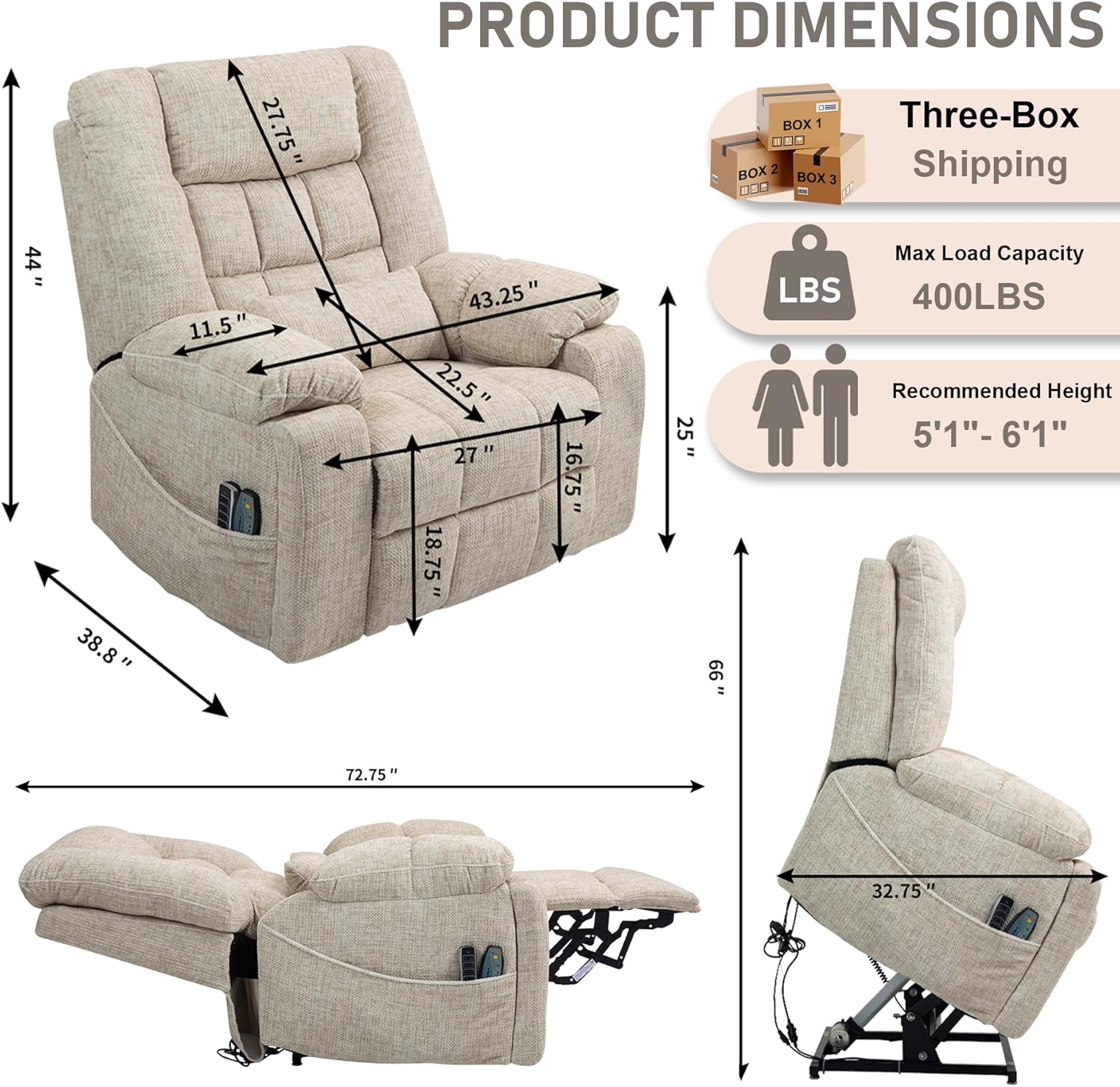 4 OKIN Motors Power Lift Recliner Chair for Elderly, Oversized Big Tall Recliners with Power Adjustable Headrest Backrest, Zero Gravity Lift Chair for Big Man 400lbs, Chenille Cream