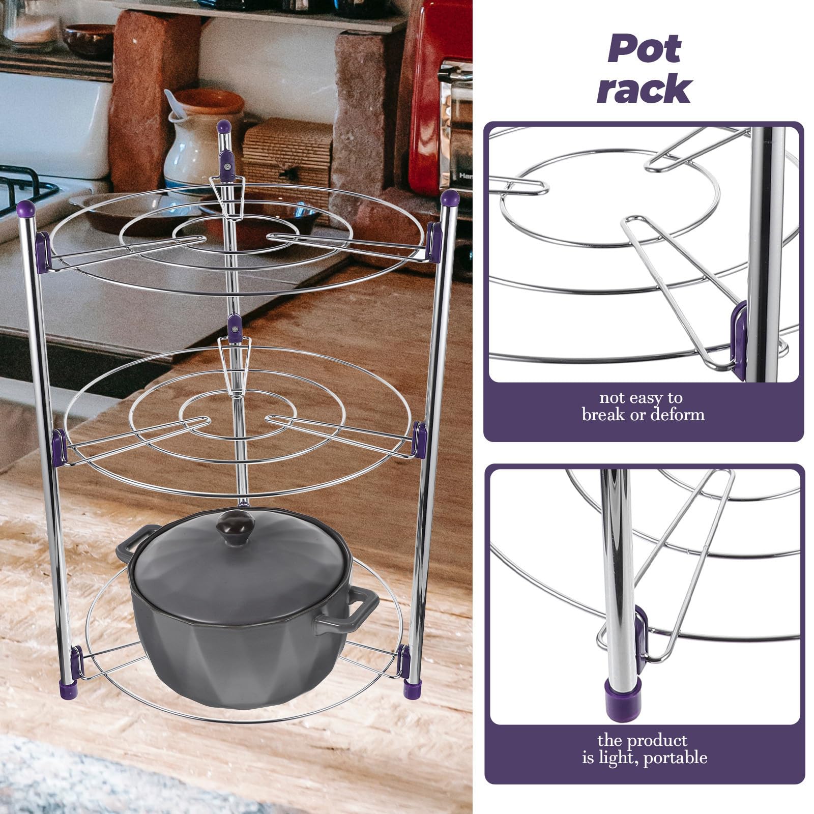 Luxshiny Organizador de Cocina de Acero Inoxidable Plateado, Estante Resistente para Ollas y Sartenes 3 Niveles, Adecuado para Almacenamiento Hogar