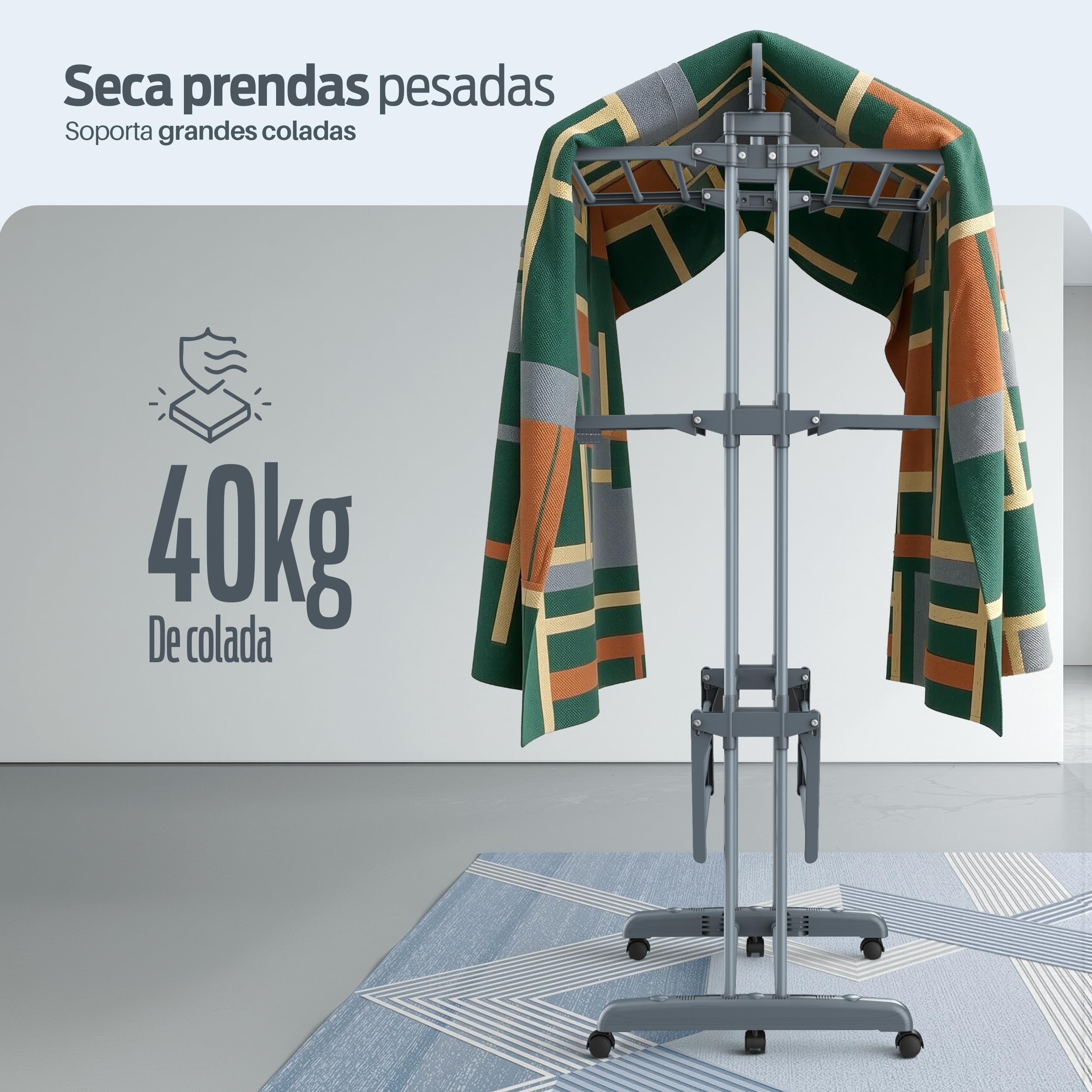 PORTENTUM Tendedero Vertical Plegable con 4 Niveles y 24 Barras de Secado – hasta 40 kg – Tenderete con 2 Accesorios para Calcetines y 2 alas Laterales para Perchas – Ruedas giratorias con Freno