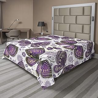 Ambesonne Natural Flat Sheet, Butterflies with Paisley Motif on Wings Flowers Art Print, Soft Comfortable Top Sheet Decorative Bedding 1 Piece, King Size, Purple White Lilac