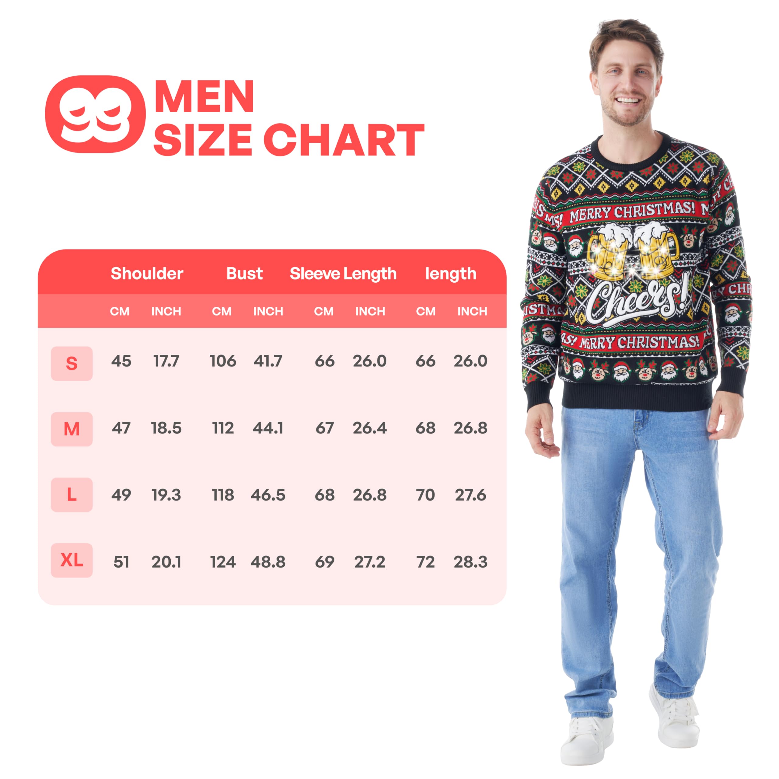 Giggling Getup Maglione natalizio brutto luminoso per uomo, divertente, brutto maglione natalizio con luci a LED, maglione natalizio in nero