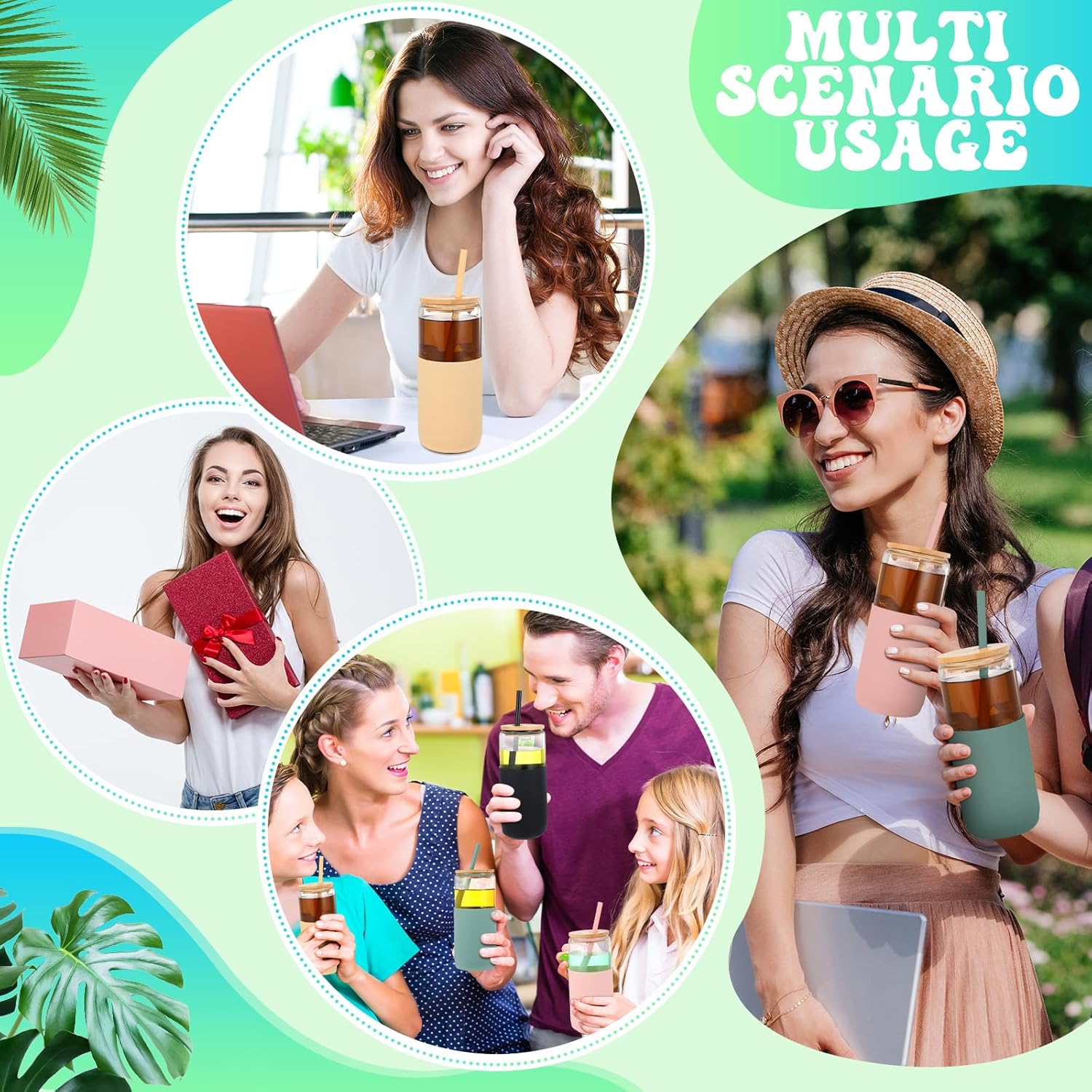 4 Pack 20 oz Glass Tumbler with Silicone Sleeve Iced Coffee Cups with Lids Straw Can Shaped Water Bottle for Valentines Spring Home Outdoor (Blue, Amber, Black, Pink) - Image 5