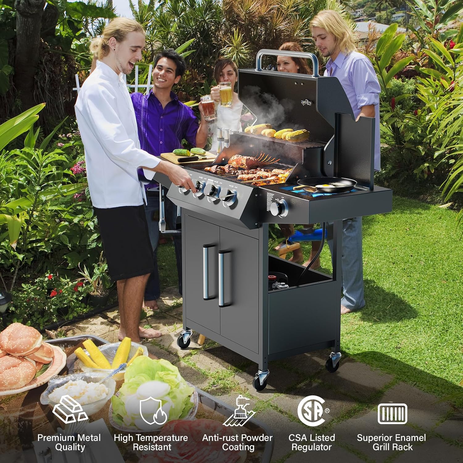 Stainless Steel 4-Burner Propane Gas Grill with Side Burner