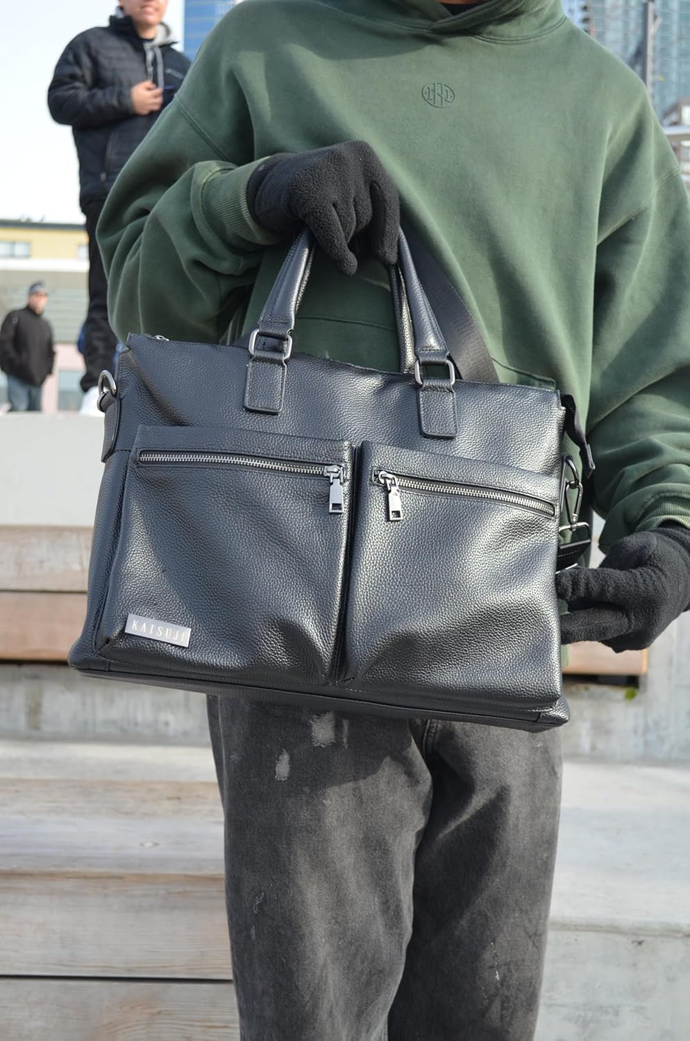 Premium Luxury Leather Office Messenger Bag Includes an adjustable shoulder strap, multiple zipper pockets, and a laptop compartment. - Image 2