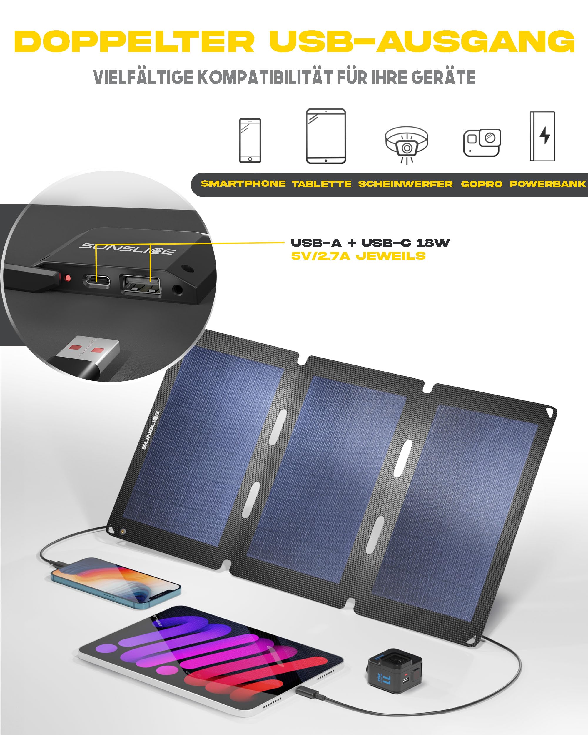 Solar Charger Outdoor, Solarmodul flexibel, Solaranlage Camping, Solar Charger wasserdicht mit leistungsstarker 18W Ladekapazität, 2 x USB Anschluss, Black