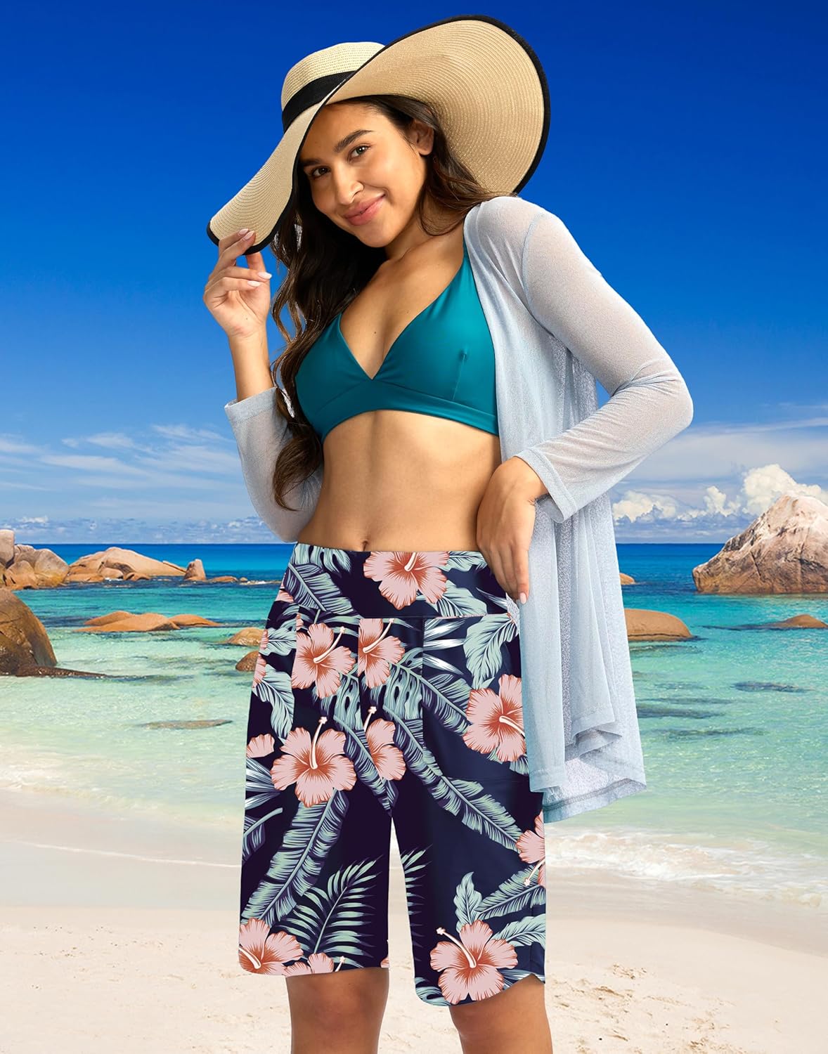 Viodia Women's 9" Long Swim Board Shorts with Pockets High Waisted Beach Swimsuits Knee Length Short for Women with Liner - Image 2