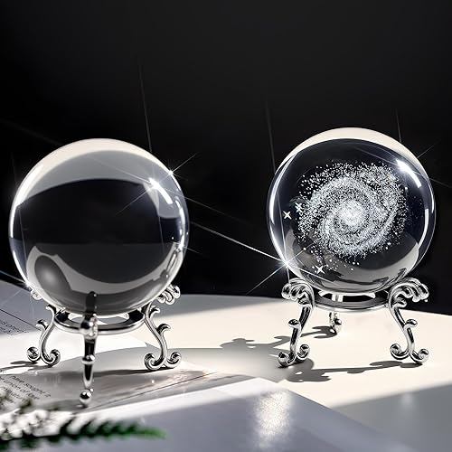 Miniatura 22 de 2 bolas de cristal y 2 soportes plateados, 1 bola transparente y 1 bola de cristal de tortuga marina láser 3D, pesas de papel de vidrio con figuras