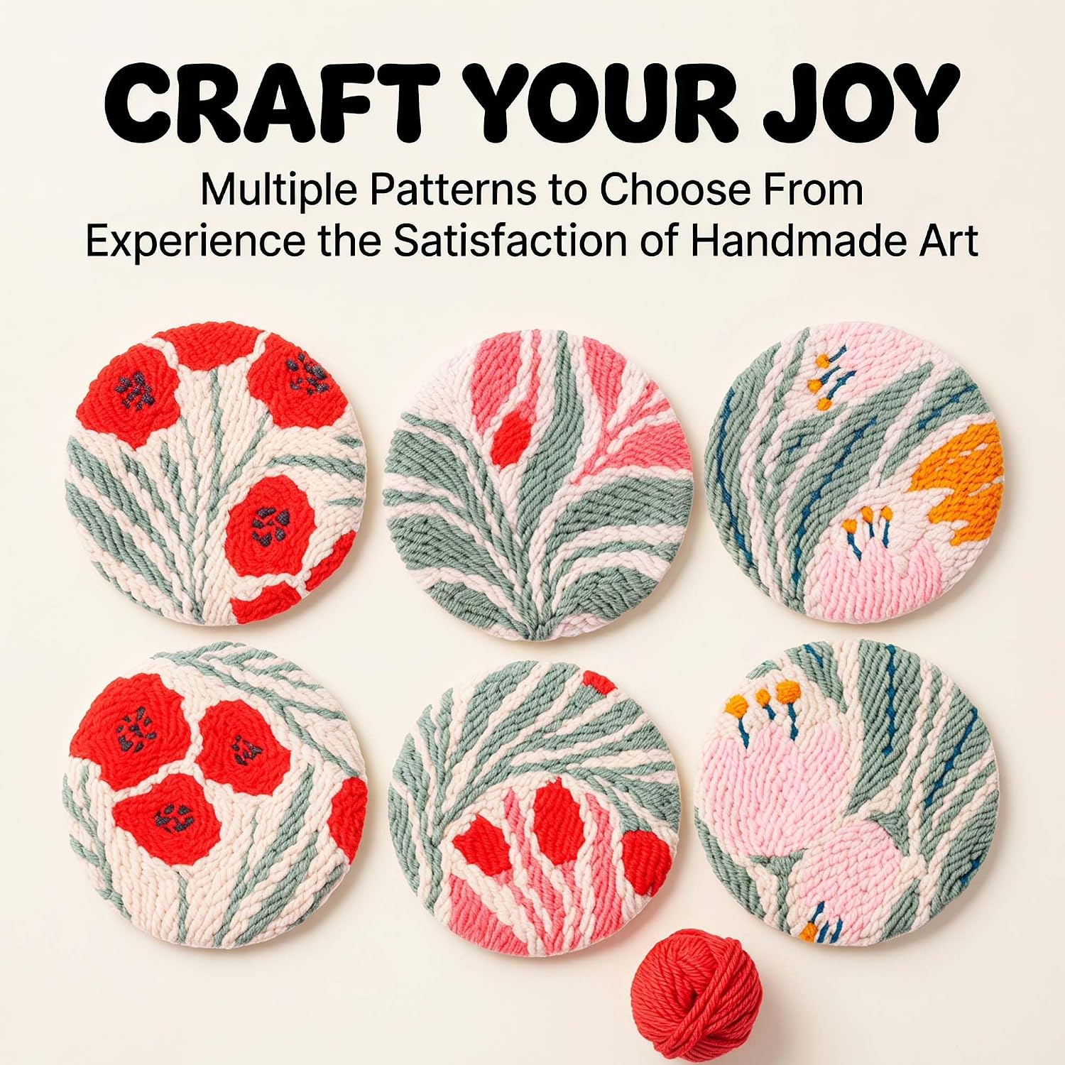 6Pcs Punch Needle Coaster Starter Kit, Complete Punch Needle Embroidery Supplies with Embroidery Hoop, DIY Teacup Mat Punch Art Craft Set with Tutorial Video for Adult Beginners
