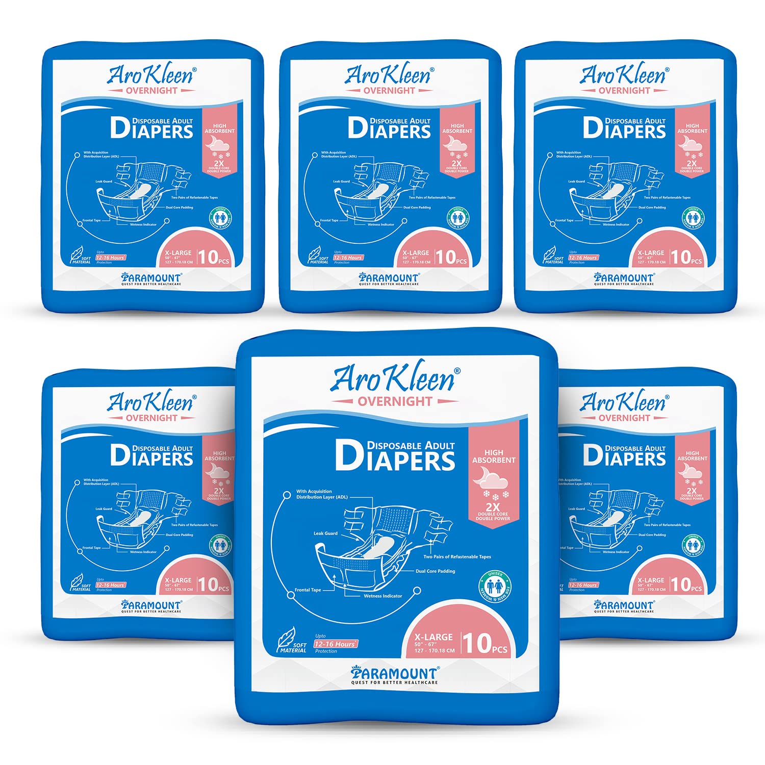 AroKleen Overnight Adult Diapers Tape Style, Extra Large, 60 Count, Waist Size (127-170.18 cm | 50"-67" Inches) | 2X Absorbent, 16 Hour Protection, Wetness Indicator- Pack 6