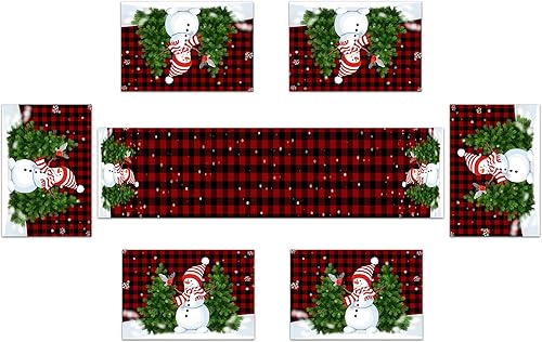 Miniatura 2 de Camino de mesa de Navidad de invierno y manteles individuales, juego de 7 manteles individuales de búfalo rojo, muñeco de nieve, pino, suministros