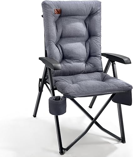 EVER ADVANCED Luxury Camping Chairs for Adults Heavy Duty Loadable 150kg High Back Oversized Folding Garden Chair Padded 6cm Comfy with Cup Holder Side Pocket Dining Chairs 4-Position Recliner