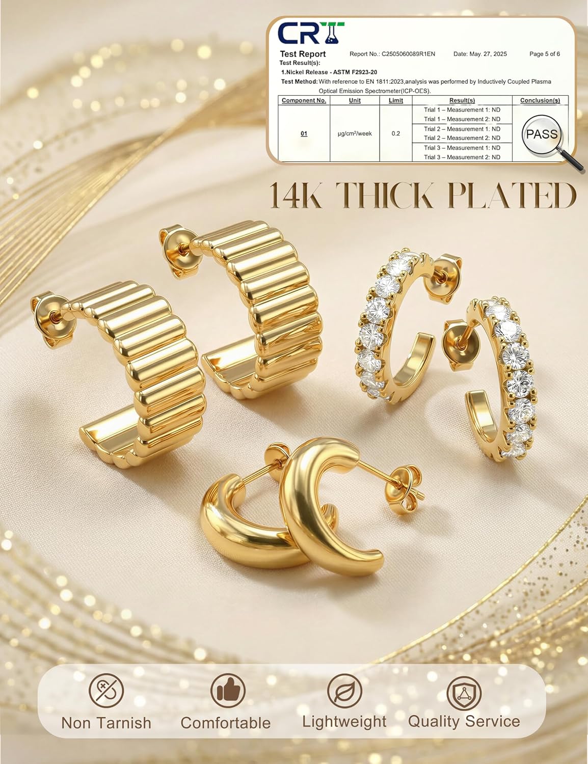 14K Gold Plated Hoop Earrings Stacks for Women - Hypoallergenic Huggie Hoops Earrings for Sensitive Ears Small Chunky Gold Silver Plated Open Hoop Earring Stack Lightweight Non Tarnish Jewelry 3 Pairs