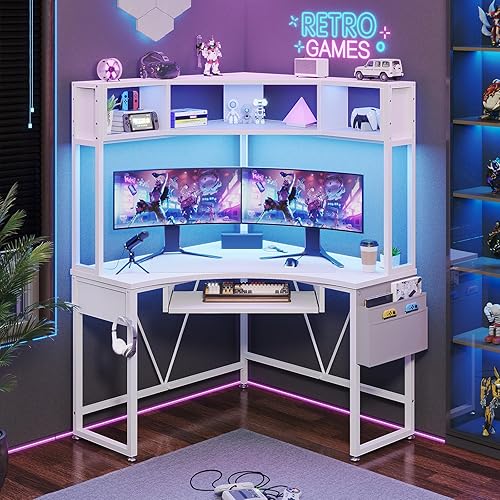 Miniatura 9 de SEDETA Escritorio esquinero, escritorio pequeño para computadora con gabinete y luces LED, escritorio de esquina triangular para computadora con