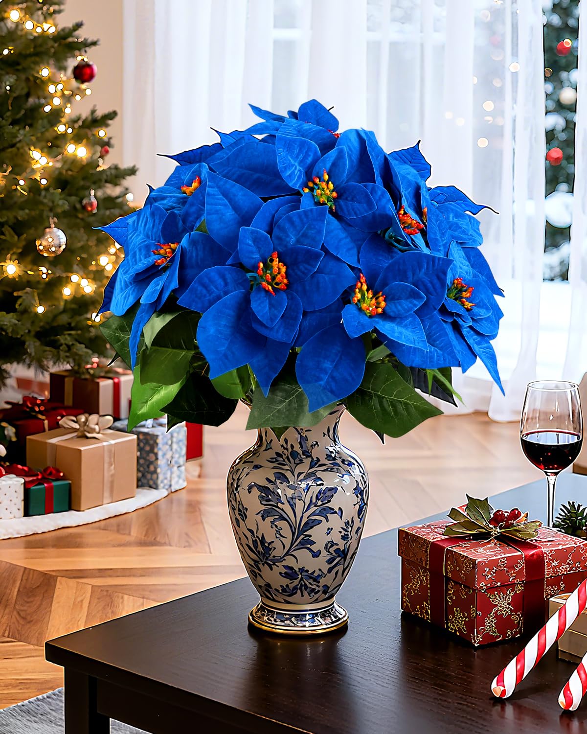 DuHouse Lot de 2 poinsettias artificiels en velours bleu roi de 50 cm pour la maison, la véranda, l'arbre, le jardin, l'intérieur et l'extérieur, décoration de Noël