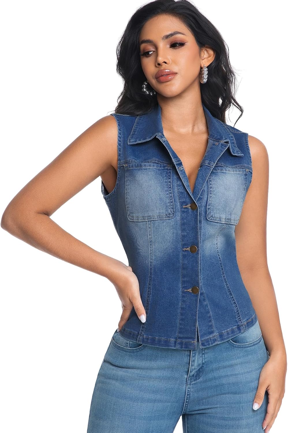 EZAPINE Womens Denim Vest Classic Lapel Button Down Sleeveless Slim Fitted Stretchy Jean Jacket with Pockets