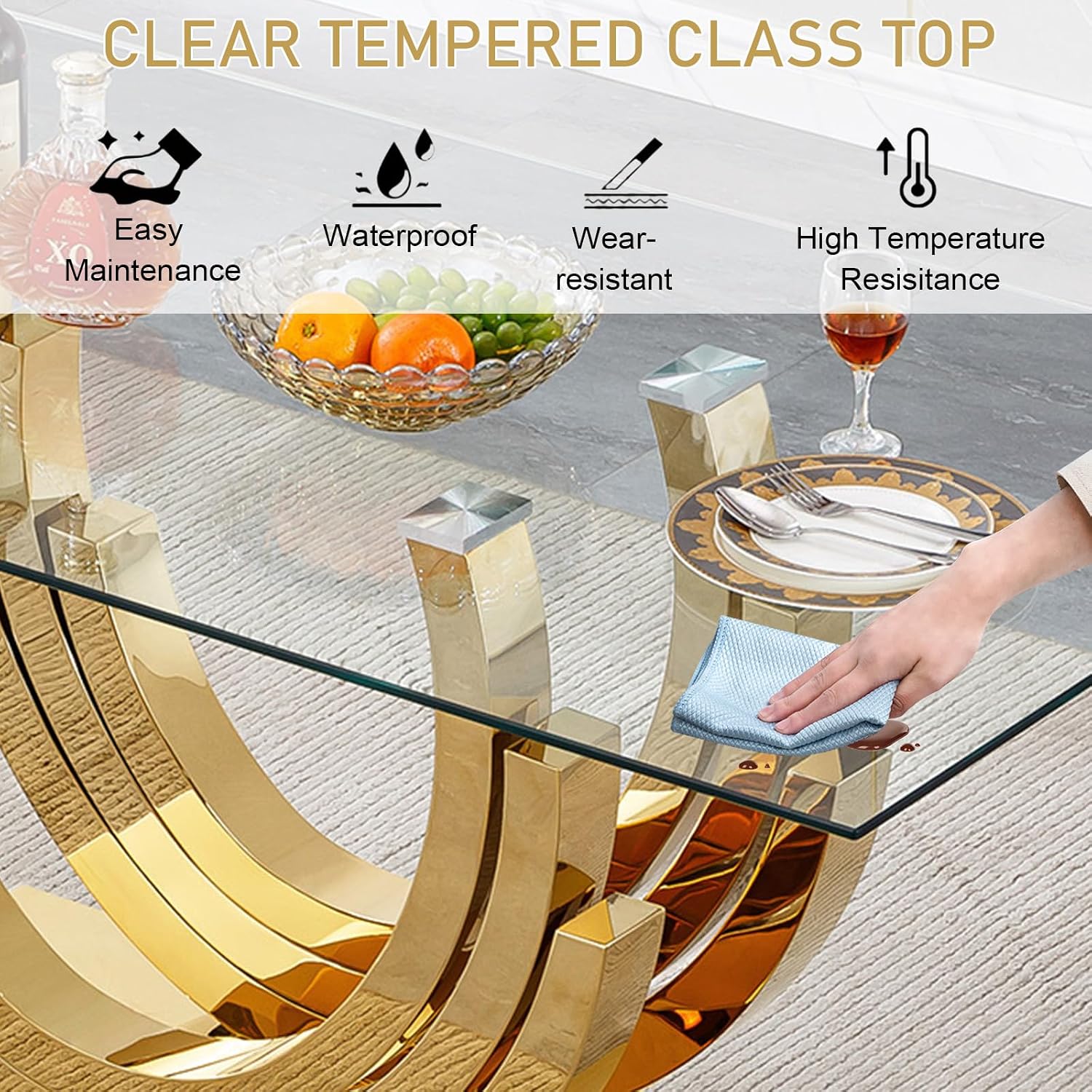Dining Table for 4 6 People,70" Modern Glass Kitchen Dining Room Table with Tempered Glass Top and Gold Geometric Stainless Steel Pedestal,Luxurious Rectangle Dinner Table for Kitchen, Dining Room