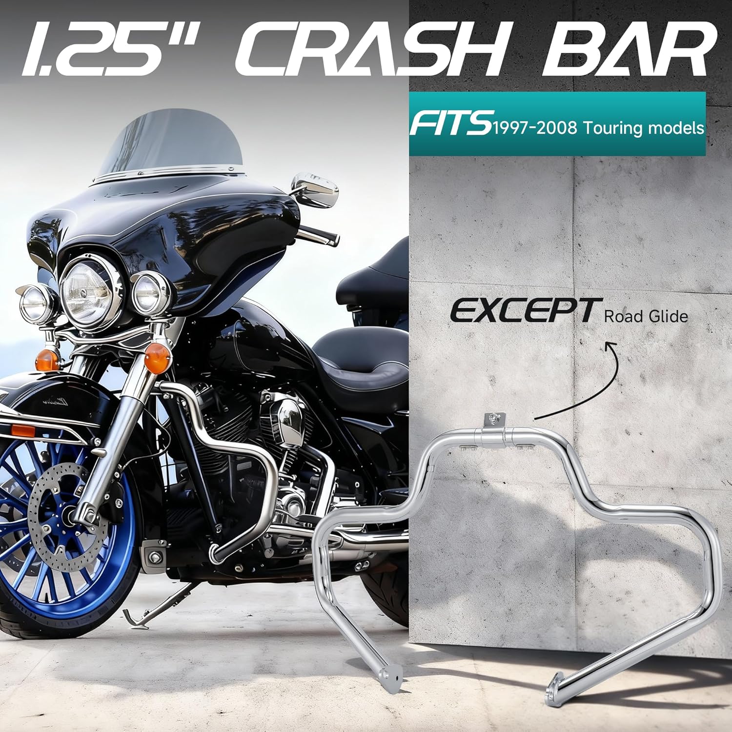 MoKitDora Touring Crash Bar 1.25" Detachable Engine Guard Highway Bar for 1997-2008 Street Electra Road Glide King, Chrome