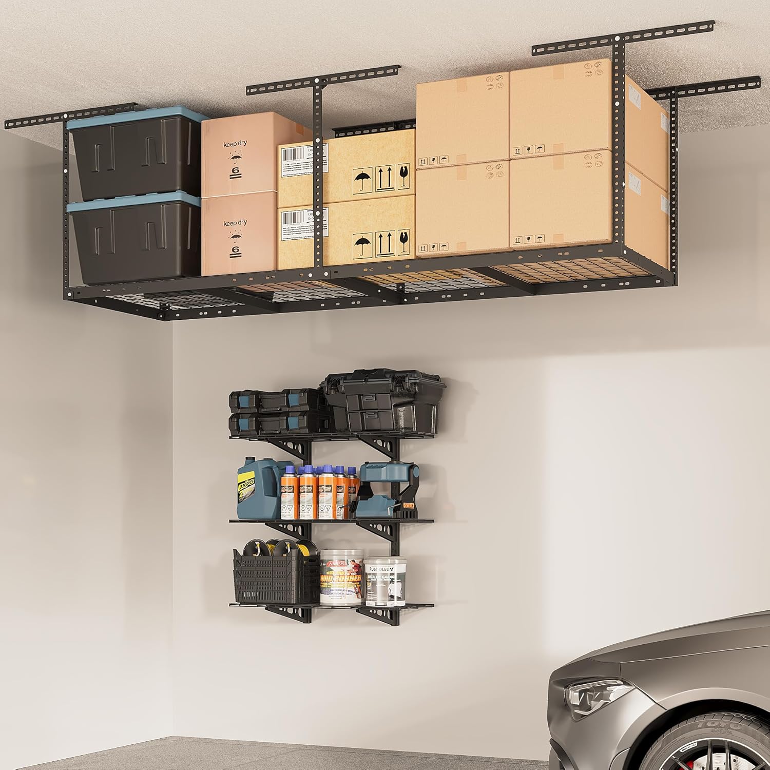 FLEXIMOUNTS 2x8 Overhead Garage Storage Rack, plus 3-Tier 1x3ft Wall Mounted Adjustable Shelving Unit, 450lbs+450lbs Capacity, Heavy-Duty Garage Organizer, Black