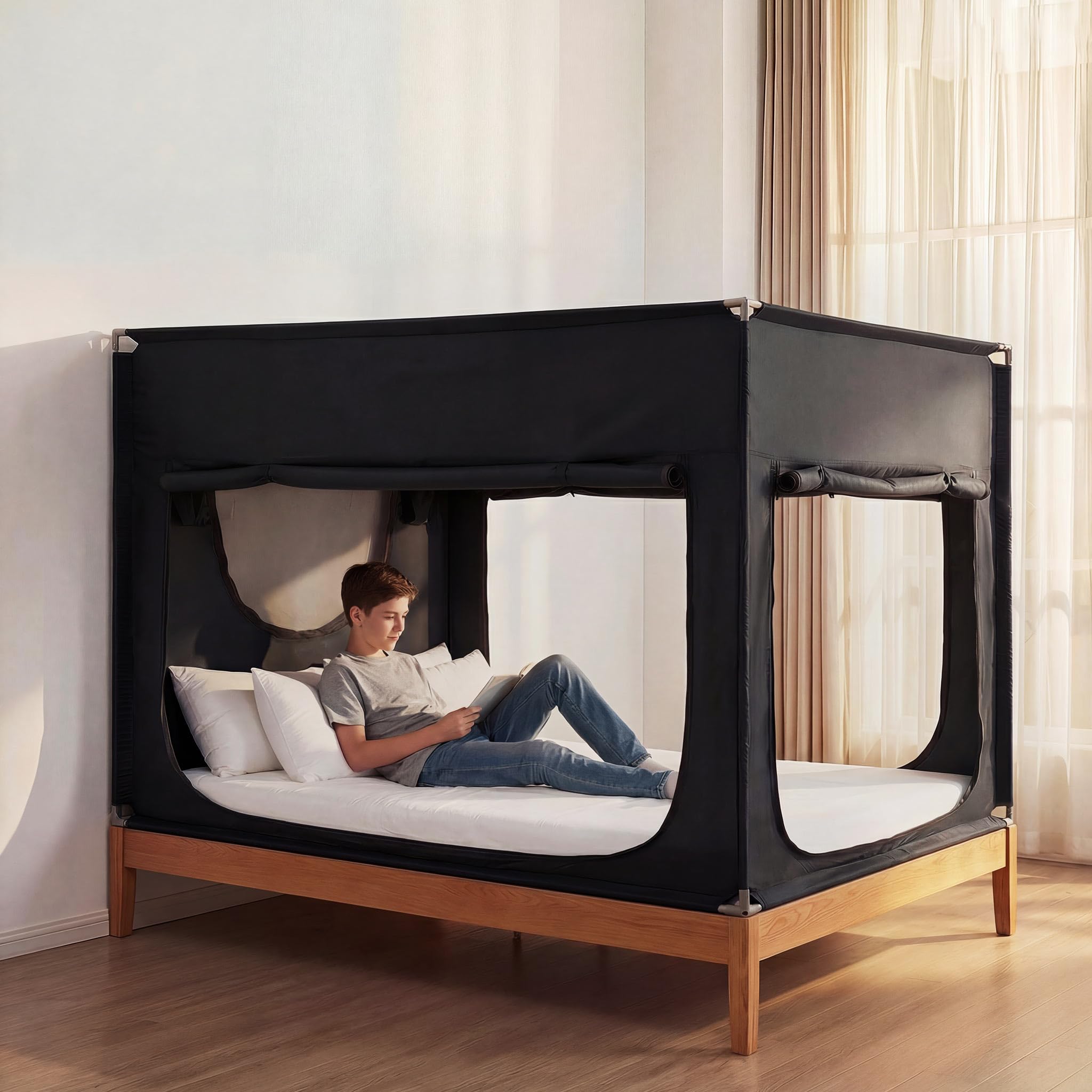 ANC POP Portable Bed Tent Privacy Bed Canopy for Adults Indoor Sleeping Blackout with 3 Doors Breathable Big Space