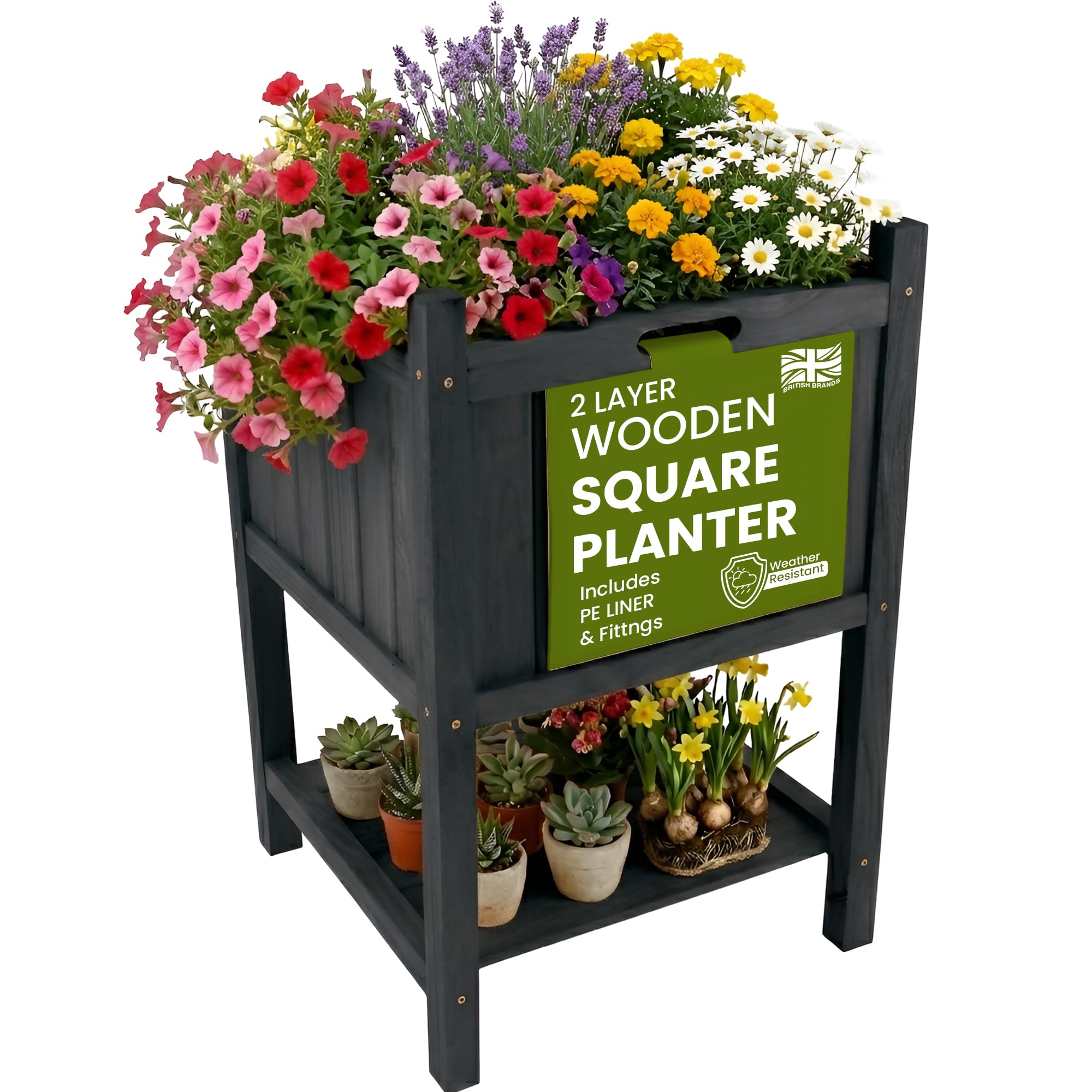 My Garden Planter with Storage Shelf & PE Liner – 50 x 50 x 85cm Free Standing Square Wooden Planter for Indoor, Outdoor, Patio, Balcony, Living Room Plant Display Shelf