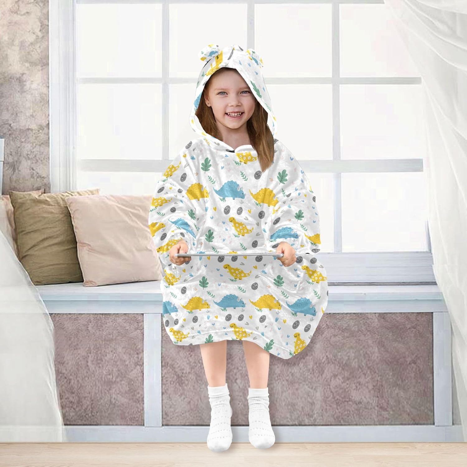 Cute Dinosaur Kids Wearable Blanket Hoodie with Pocket and Sleeves for Toddlers, Cute Hoodies Girls Boys B0404088