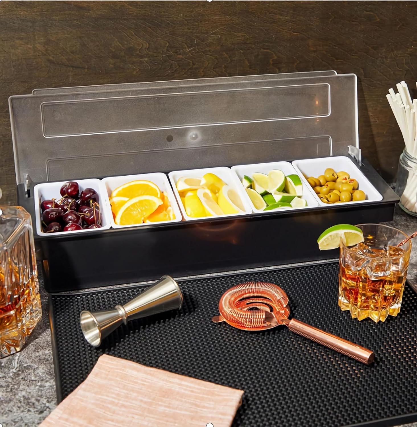 Ice Chilled Condiment Caddy Serving Container with Lid,5 Compartments | Fruit Veggie Caddy Removable Compartment Garnish Station Server Organizer for Ice Cream Taco Salad Bar Home Restaurant