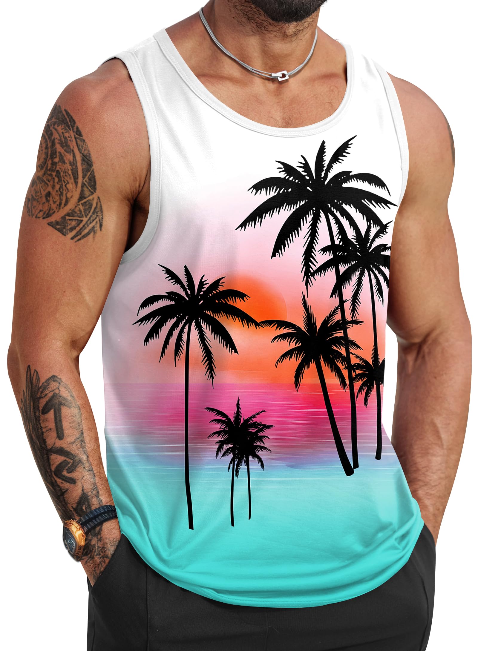 VOGSTART Mens Beach Tank Tops Summer Vacation Graphic Sleeveless Shirts