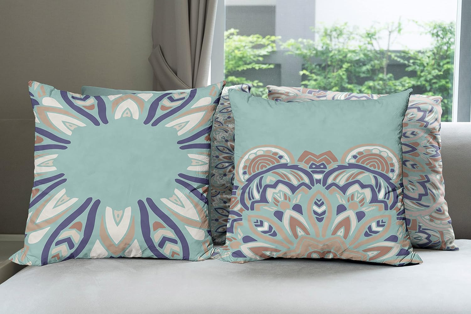 Ambesonne Mandala Throw Pillow Cushion Case Pack of 4, Multicolor Swirling Boho Artwork with Eastern Influences Abstract Look, Modern Accent Double-Sided Digital Printing, 16", Pale Teal and Quartz