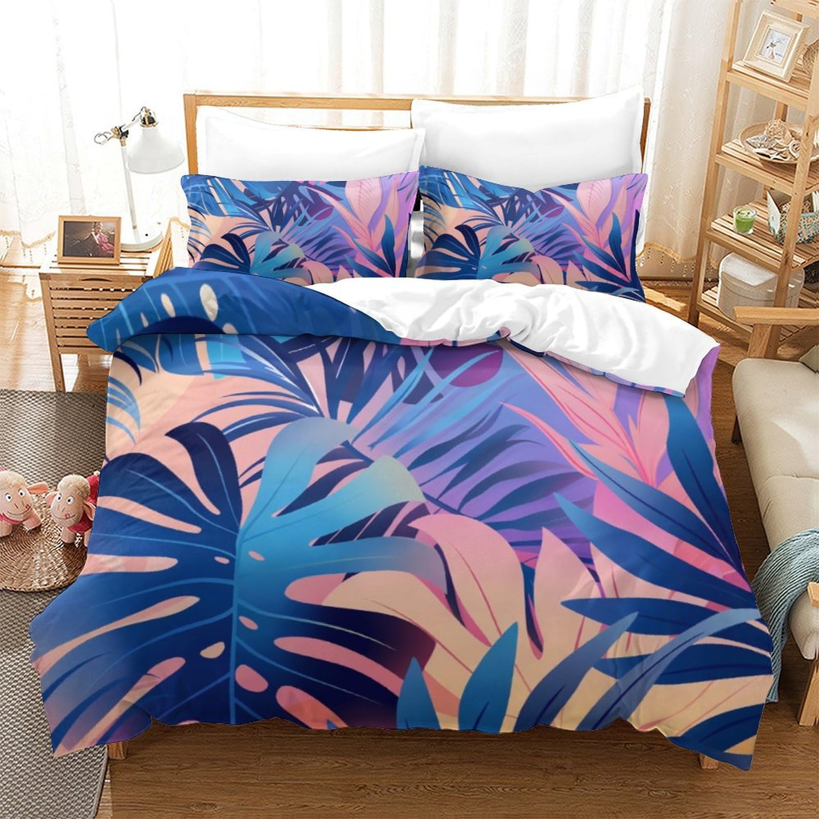Parure de lit microfibre 3 pièces motifs feuilles impression 3D et fermeture éclair invisible