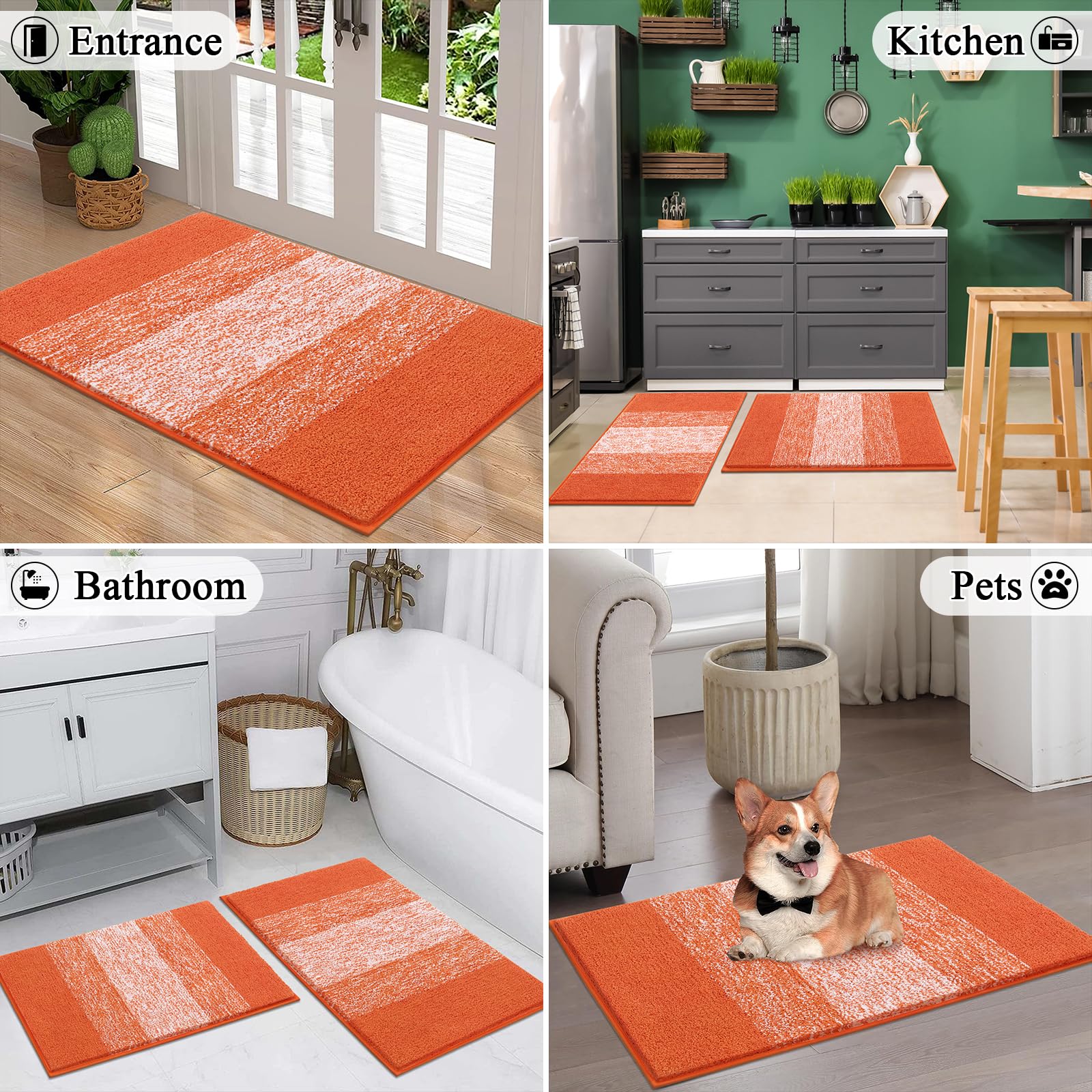 Vaukki Lot de 2 tapis de salle de bain de luxe doux, antidérapants et lavables, en microfibre à poils longs et absorbants à rayures pour baignoire, salle de bains et douche (45,7 x 66,8 cm + 50,8 x