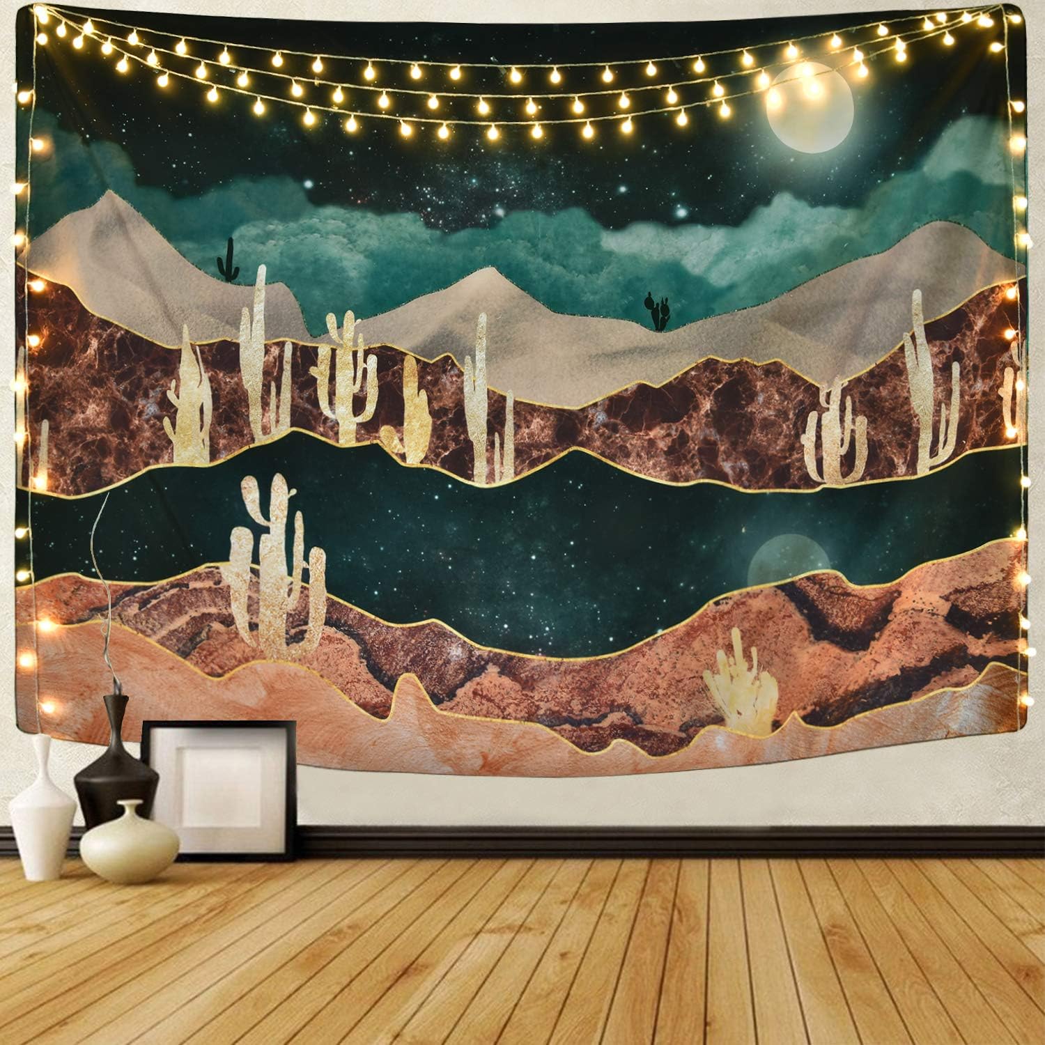 Likiyol Mountain Tapestry Moon Tapestry Desert Cactus Tapestry Starry Night Nature Landscape Tapestry Wall Hanging for Room