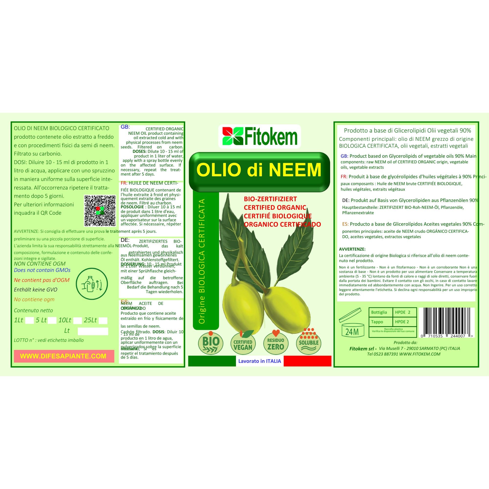 FITOKEM - Aceite de Neem para Plantas Biológico (1 Litro) Neem Oil Concentrado, Excelente Contra Adversidades Externas de Huerta y Jardín, 100% Natural No Tóxico para Plantas, Animales, Personas