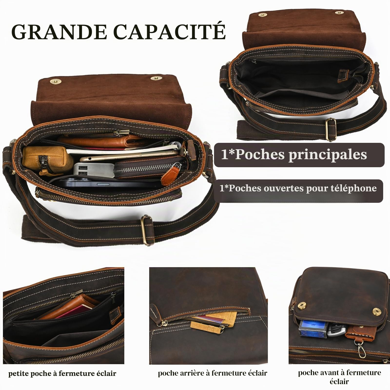 Sac Croisé pour Hommes Cuir Véritable Sacoche Bandoulière Vintage Petit Sac pour iPad 9,7 Pouces Business Sacs à Bandoulière