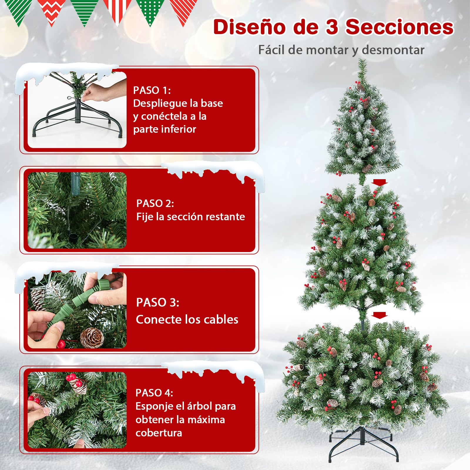 COSTWAY Árbol de Navidad con Luces Incorporadas 195cm, 420 Luces LED Blancas Cálidas, 8 Modos, Arbol de Navidad Decorado, Nieve, 69 Pinos, 207 Bayas Rojas, 909 Ramas de PVC (195cm)