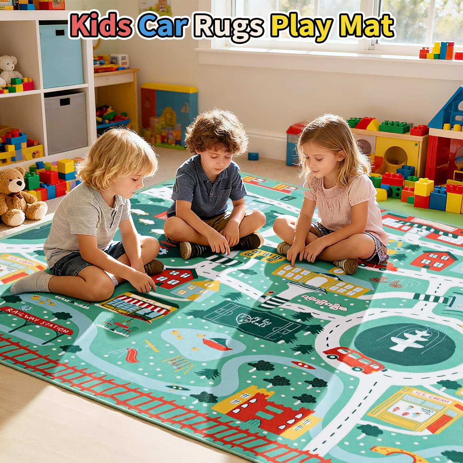 UKISS Educational Play Rug，55"x55" Traffic Road Kids Car Mat,Non-Slip Washable City Kids Play Mat,Area Rug Kid Carpet for Playroom Living Room Nursery Room Decor,Green
