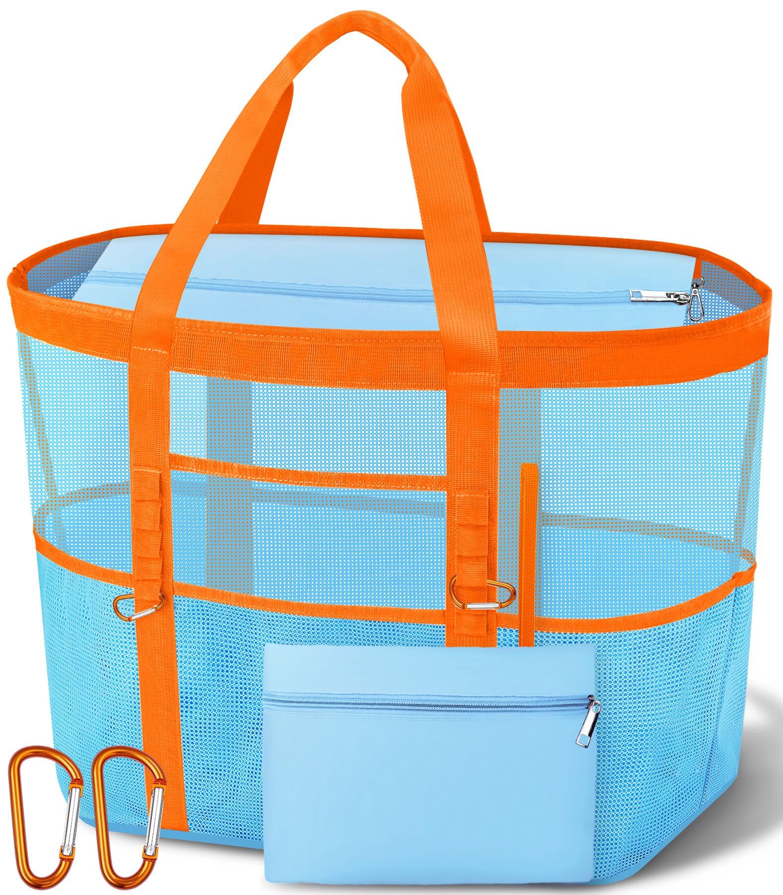 Yeendibo 2026 Chic & Spacious XX-Large Beach Bag for Women — Mesh × Canvas Tote with Top Zipper, 11 Pockets, Detachable Pouch