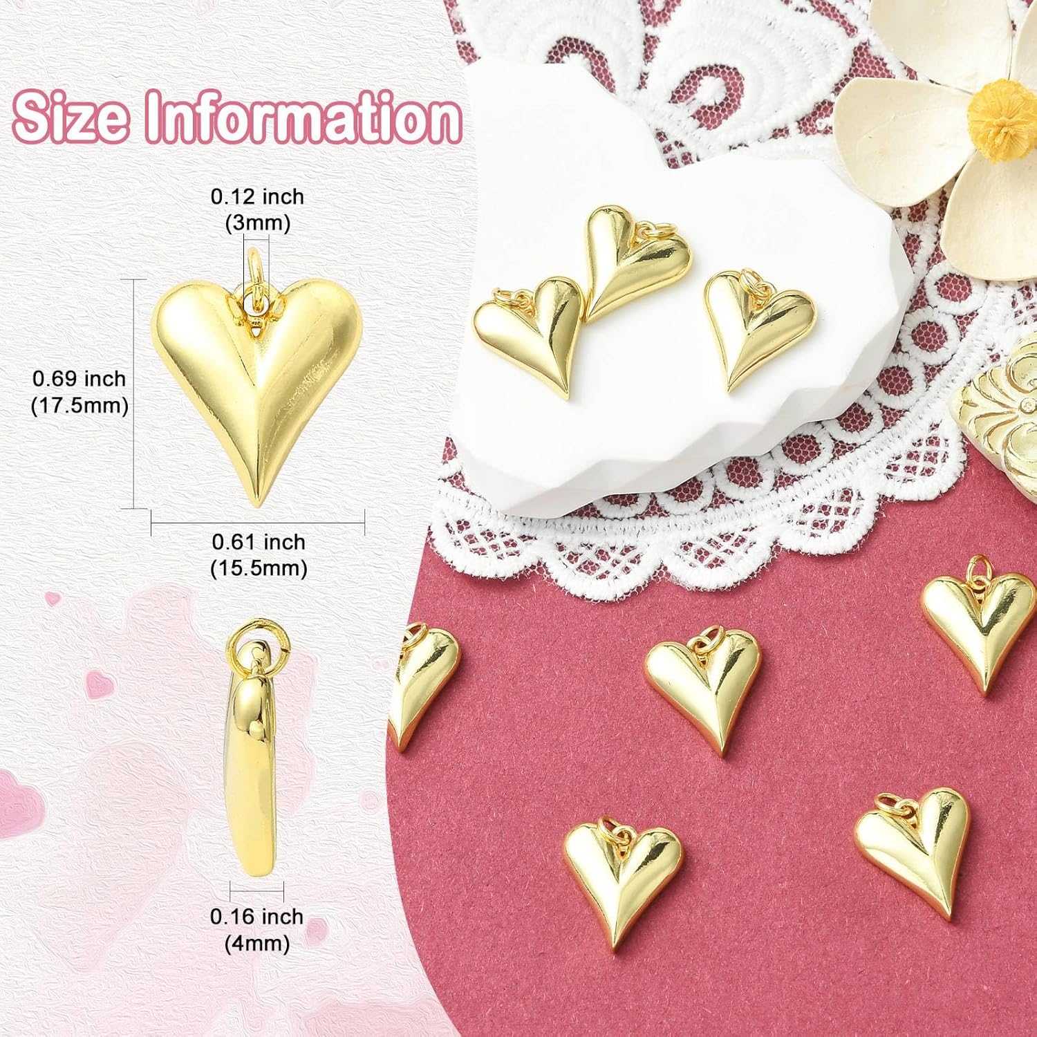 20Pcs Elegant Metal Love Heart Charms with Jump Ring Brass Golden Valentine Heart Charms for Jewelry Making Holiday Gifts - Image 2