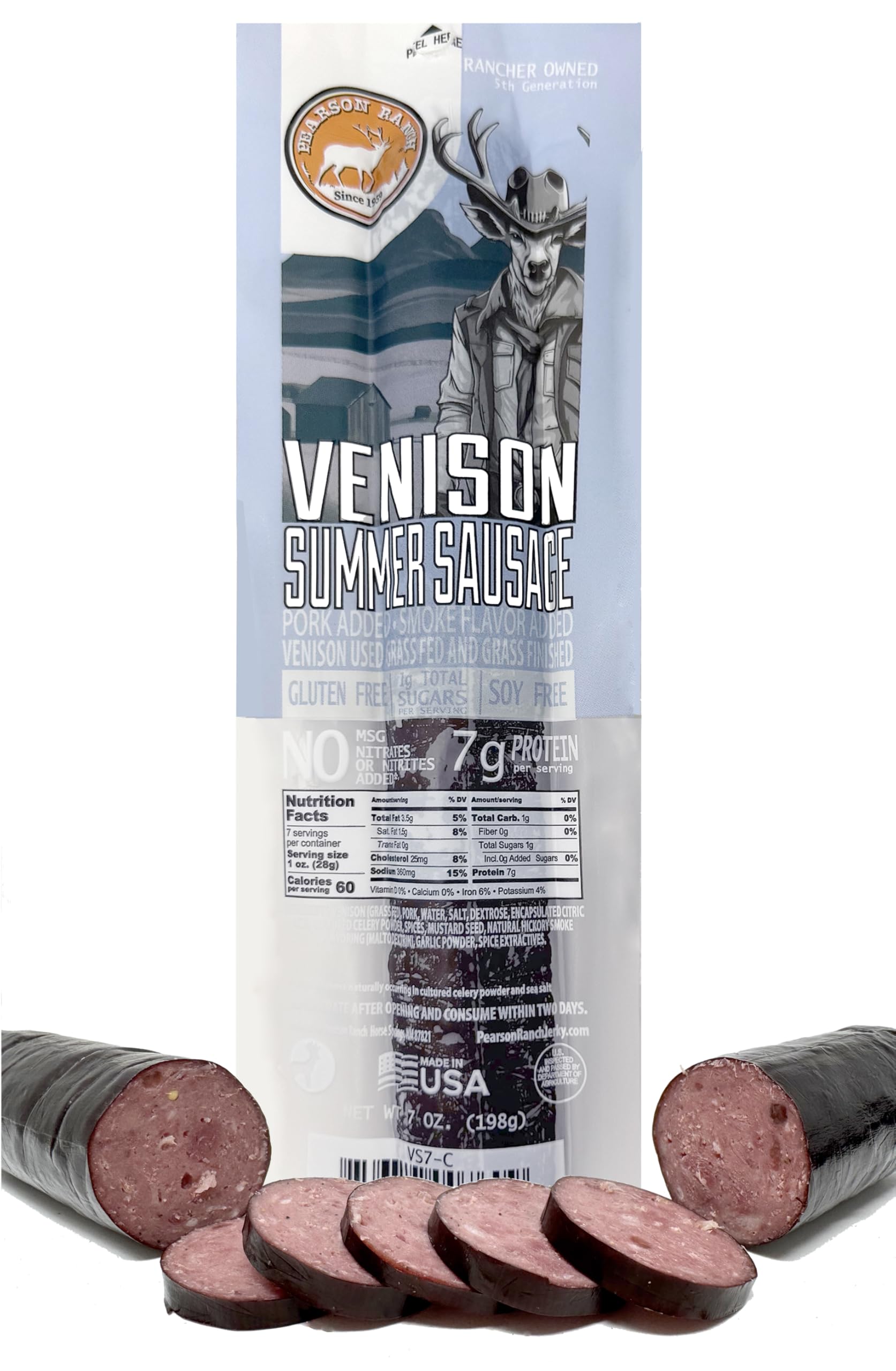 PEARSON RANCH Venison Wild Game Summer Sausage 7 Ounce Stick of Venison Summer Sausage Exotic Meat, Gluten-Free, MSG-Free, Paleo and Keto Friendly