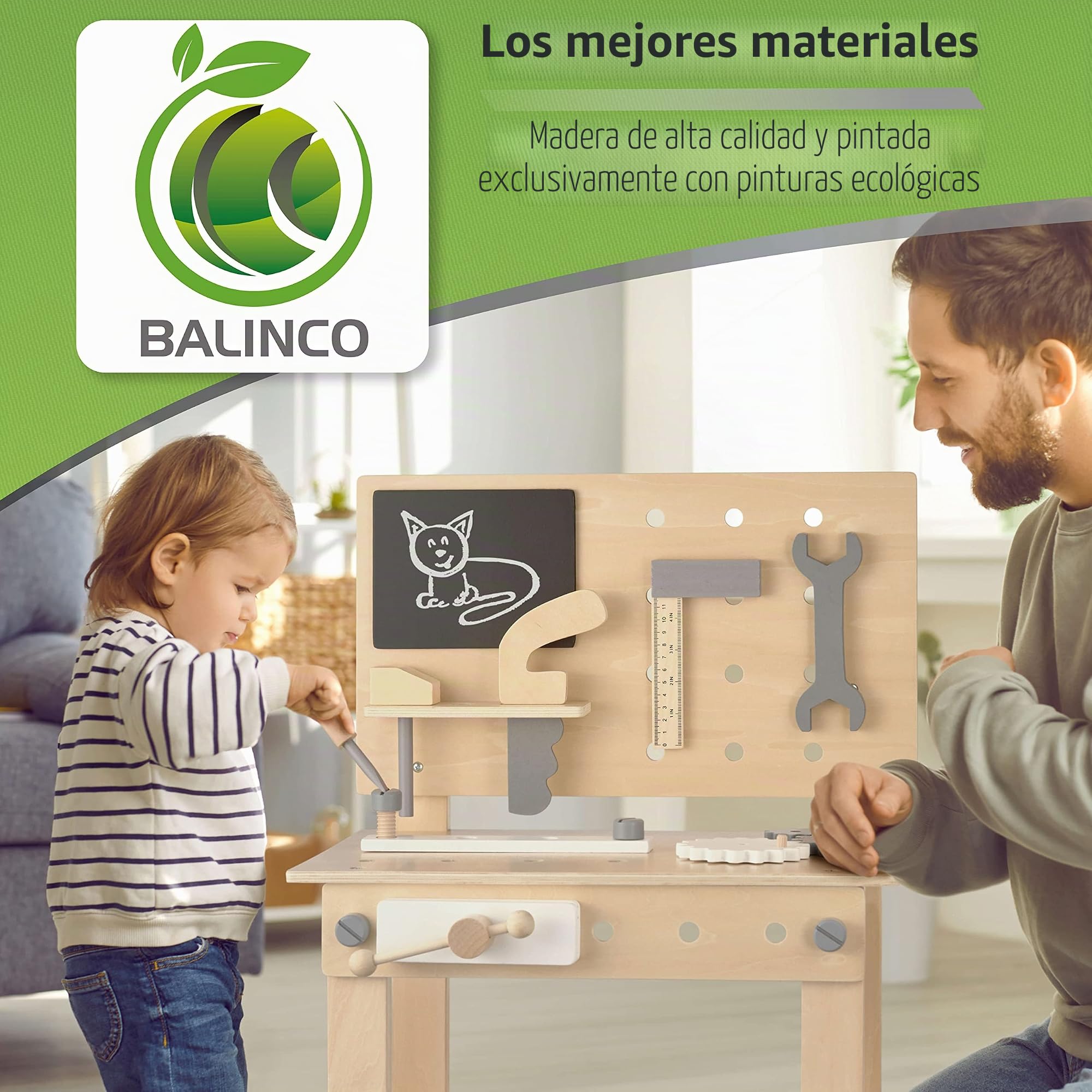 Balinco Workbench Children Wood, Taller con Herramientas Infantiles, Sierra, escuadra, Destornillador, Ruedas dentadas, Tornillo de Banco, Tablero, Accesorios, Juguetes de Madera a Partir de 3 años