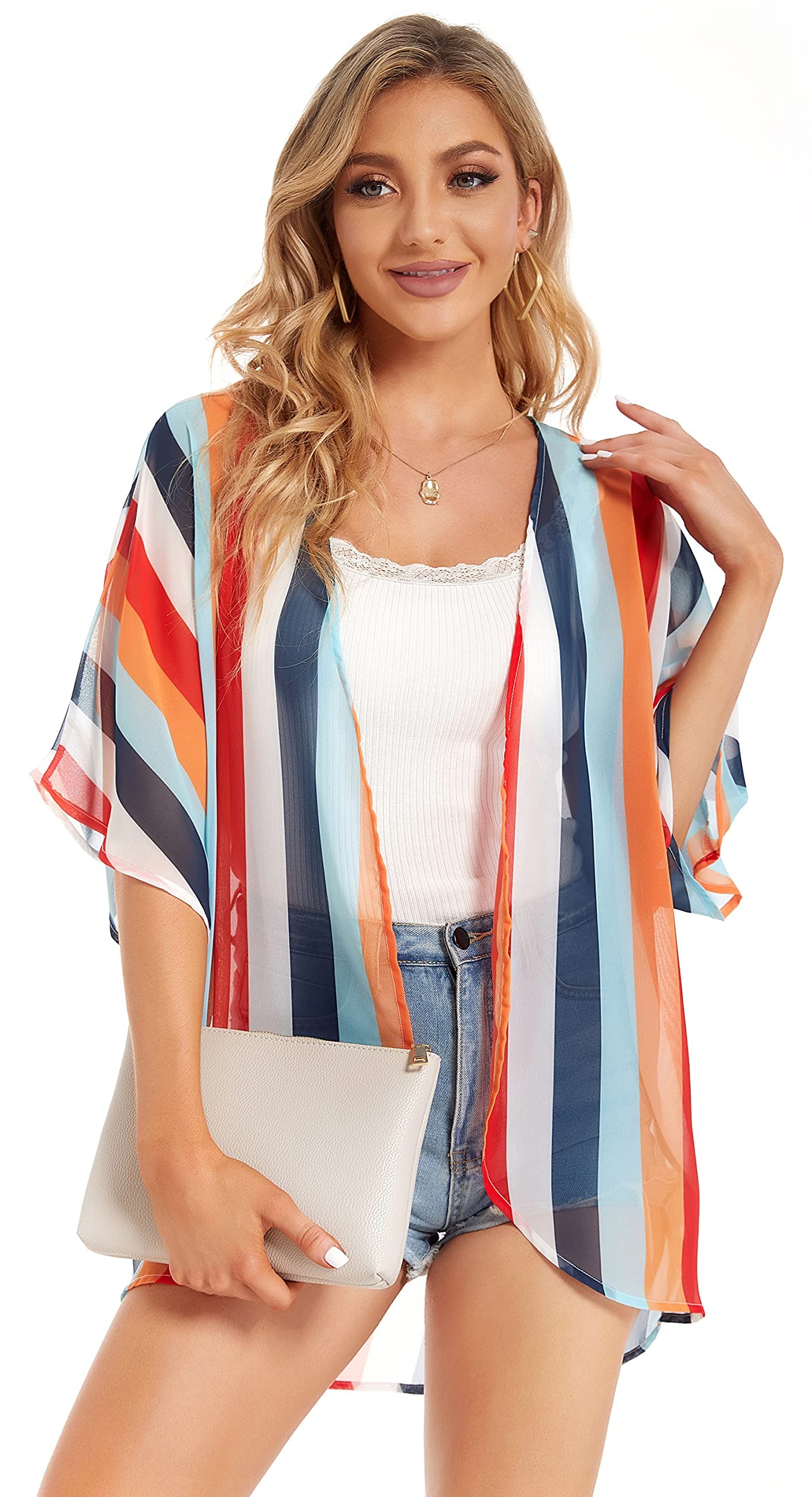 Damskie kimono, plażowe, szyfon, kardigan, kwiaty, topy, luźne peleryny, Niebieski / biały w paski, 3XL