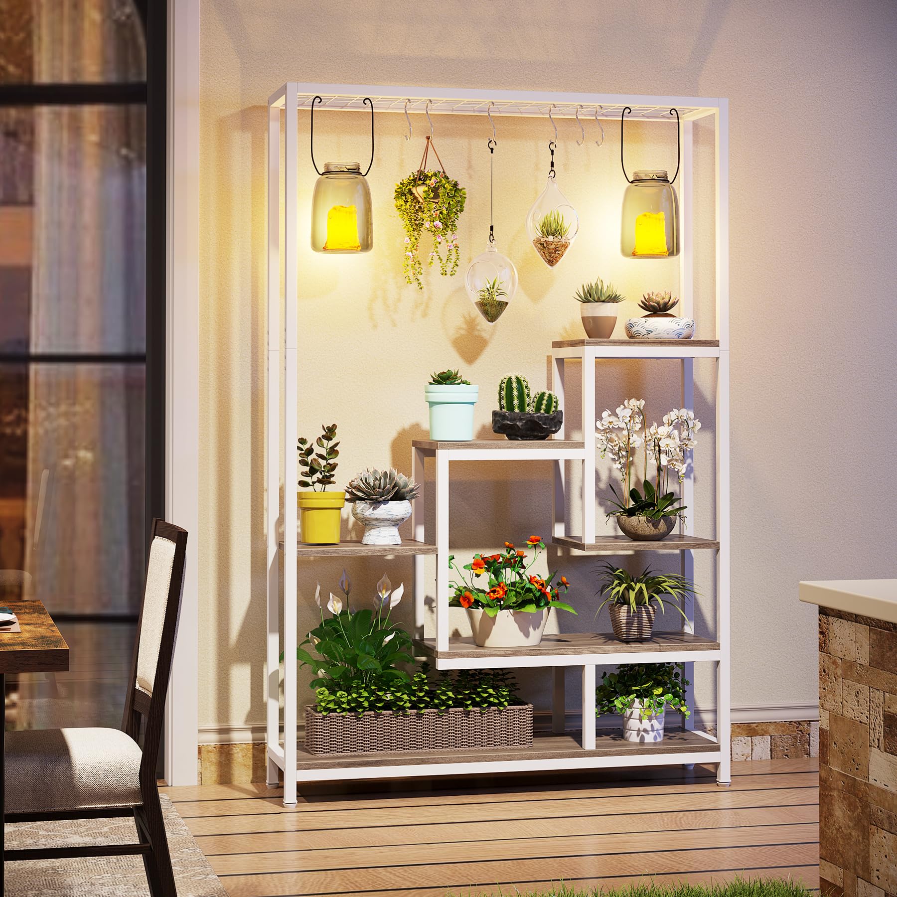 Tribesigns Soporte alto para plantas de interior de 5 niveles, estante de metal de 180 cm con 10 ganchos para colgar en S, estante de exhibición multiusos para bonsái de flores para interiores