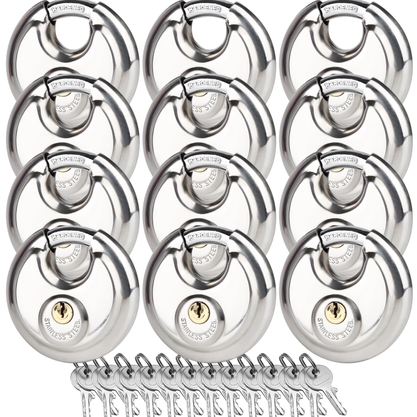 12Pack Disc Locks Keyed Different, 2-3/4"(70mm) Storage Locks for Storage Unit, Outdoor Waterproof Stainless Steel Padlocks for Storage Locker, Shed, Gate, Fence, Heavy Duty Discus Keyed Pad Lock