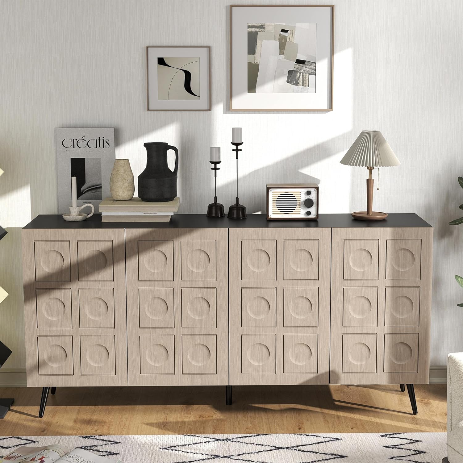 Oak and Black Buffet Cabinet: 63" Modern Credenza Sideboard Buffet Cabinet with Storage, Fluted Console Cabinets with 4 Doors, Large Accent Cabinets for Living Room (Black & Oak)